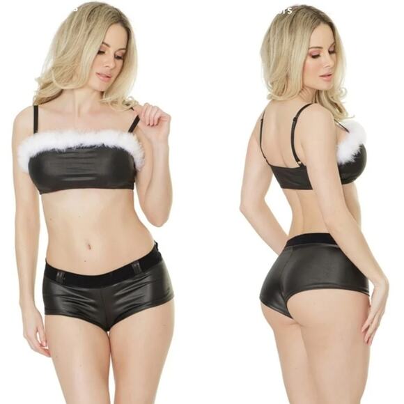 Coquette OS Black Matte Wet Look Bandeau Top & Booty Shorts Set - Picture 1 of 3